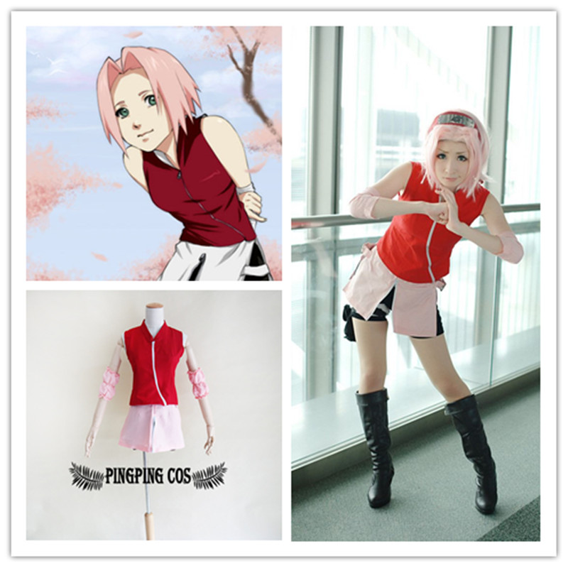 Haruno Sakura 2 Japan Anime Naruto Cosplay Costume Suit Red + Pink + Black