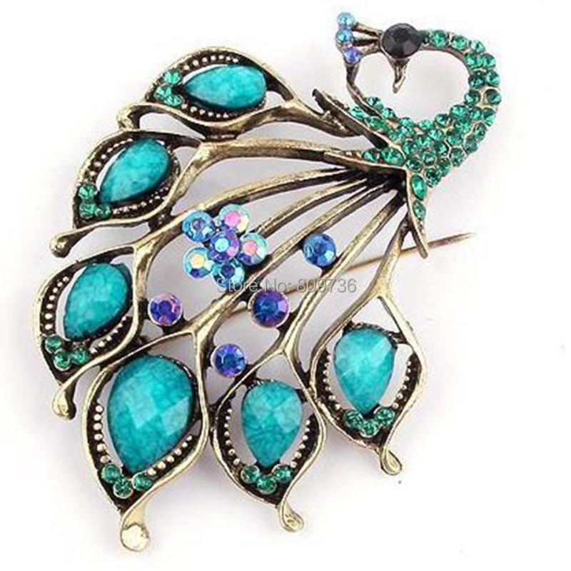 Vintage Gold Rhinestone Peacock Brooch Pin For Women Antique Decorative