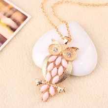2014 New Design Vintage Pink Gem owl chain long necklace jewelry for women Ancient Retro Owl