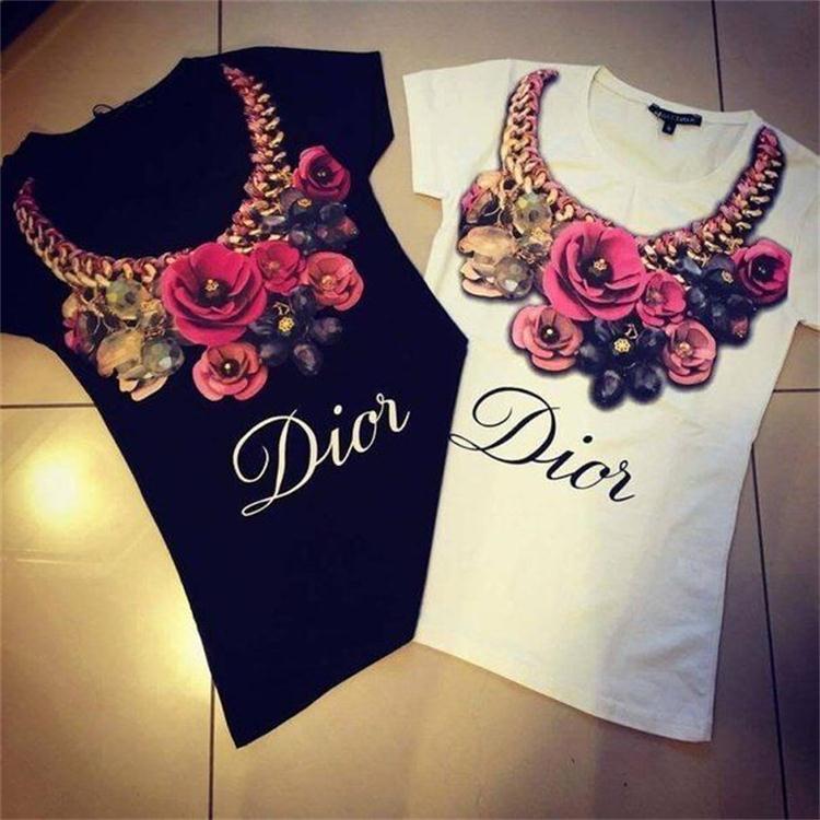 2015 Summer Short Sleeve Women T Shirt Rose Flower Necklace letters printed Shirts Clothes Femininas tops