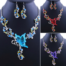 Splendid Butterfly Flower Rhinestone Pendant Bib Statement Necklace Earrings Jewelry Set for Gift