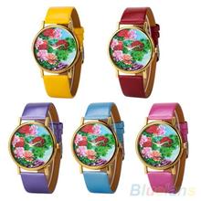 Woman watches Rural Peony Flowers Printed Faux Leather Round Dial Analog Quartz WristWatches 28F7