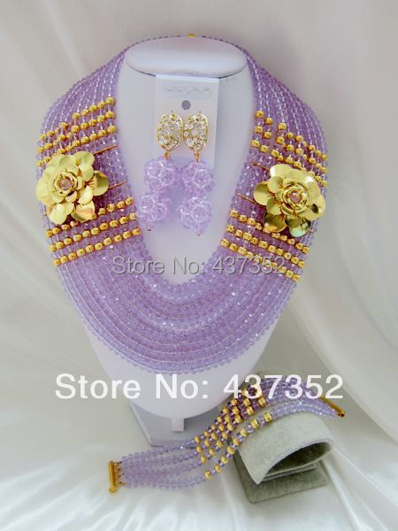 New Design Lilac nigerian beads necklaces bracelet earrings Jewelry Set African Beads Jewelry Set CPS-1357