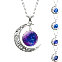 ($ 0.41 1pcs) Brand Fashion Jewelry Choker Necklace Glass Galaxy Lovely Pendant Silver Chain Moon Necklace N1