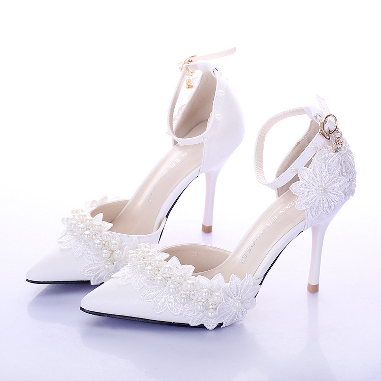 2015 New Fashion Summer white pearl flowers Bride Sandals Pointed Toe Wedding Shoes Women Pumps High Heels Hot sale