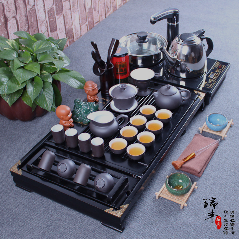 free shipping high quality Tea set purple kung fu tea set solid wood tea tray teapot