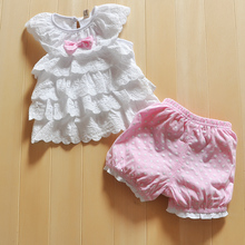 Baby Girls Cake layers of lace sleeveless tops shorts Clothes suits Blue Polka Dot Polka Dot