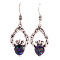 lingmei Claddagh Earring Mystic Rainbow Topaz 925 Dangle Hook Silver Earrings For Women Vintage Jewelry Free Shipping Wholesale