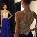 Free Shipping Navy Blue Halter Prom Dresses Sheer Corset Long Sexy Prom Dress With Crystal A