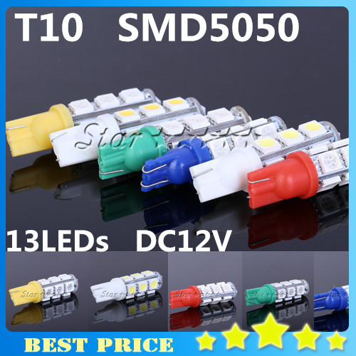 2pcs/lot T10 13 SMD 5050 License Plate Pure White 194 W5W 13 LEDs Car Light Lamp Bulb V6 DC12V R/G/B/Y/W FREE SHIPPING
