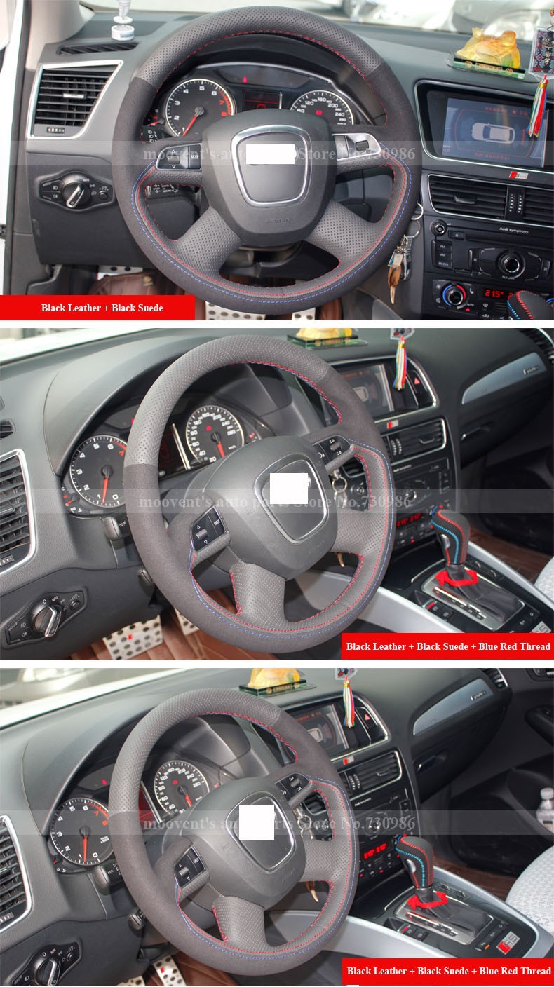 for Audi Old A4 B7 B8 A6 C6 Q5 Q7 Black Leather Suede Steering Wheel Cover Blue Red Thread