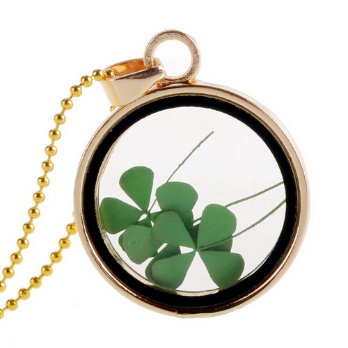 Vintage Jewelry Natural Plant Real Flower Clover Floating Locket Charms Gold Plated Chain Neckalces Pendants For