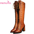 2017 new high quality women boots pu genuine leather boots thick high heels lace up