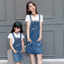 2016 Denim Dress for girls sundresses blue jean dresses for women strap dress with pockets mother and daughter white t-shirt