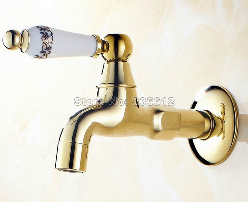 Gold Color Brass Wall Mounted Flower Pattern Ceramic Handle Mop Pool Faucet / Laundry Sink Cold Water Tap Wav137