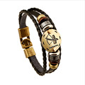  Bronze Alloy Buckles 12 constellations Bracelet Punk Leather Zodiac Bracelet Wooden Bead Black Gallstone Charm