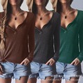 New hot style V neck long sleeved T shirt shirt female thread oo90