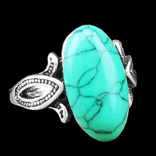 Vintage Look Tibetan Zinc Alloy Antique Silver Plated Delicate Leaf Turquoise Bead Ring R015-4