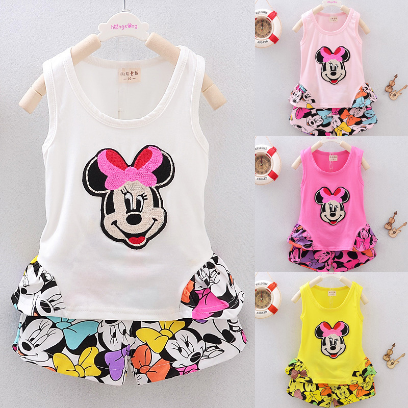 Girl set summer style Wholesale cartoon Mouse printing cute pink 100% cotton children clothing vest t-shirt + pant High quality