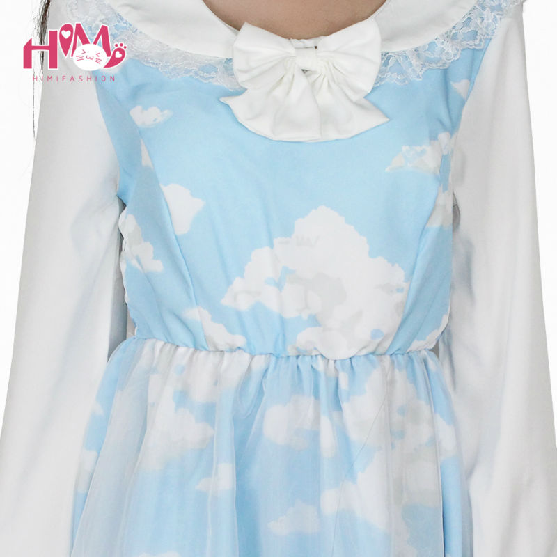 Lolita Dress Casual Cloud Prints Sky Blue Sailor Collar Short Or Long Sleeves Organza Sailor Dress Harajuku Cosplay Veil Dresses (7)