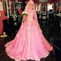 Oumeiya OW548 Pink Color Princess Ball Gown High Neck Long Sleeve Hijab Muslim Wedding Dresses Turkey