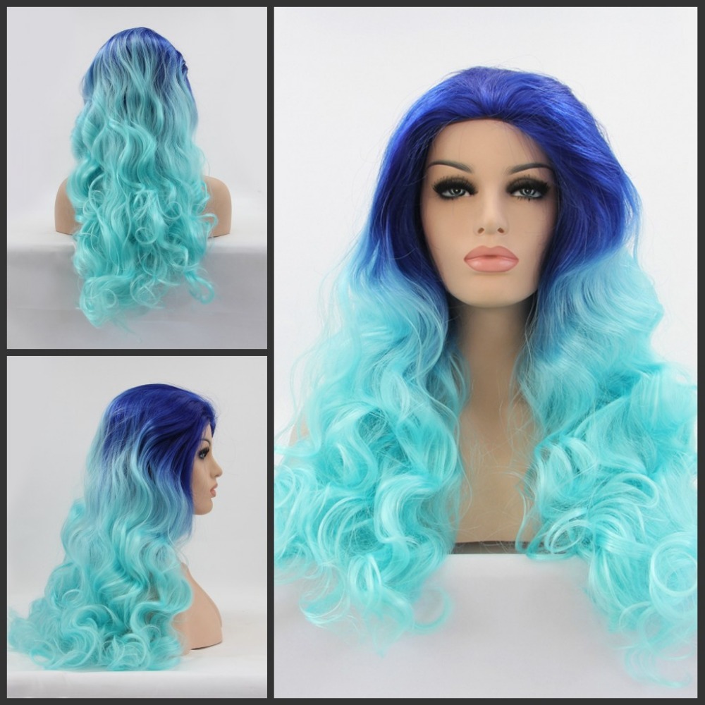 Фотография FREE SHIPPING Wholesale Glueless Heat Resistant Ombre Natural Black/Blue/Green Three Tone body wave Synthetic Lace Front Wig