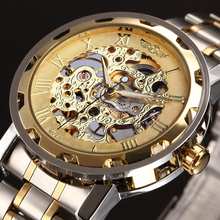 WINNER Golden Men Skeleton Mechanical Watch Stainess Steel Steel Hand Wind Watches Transparent Steampunk Montre Homme Wristwatch