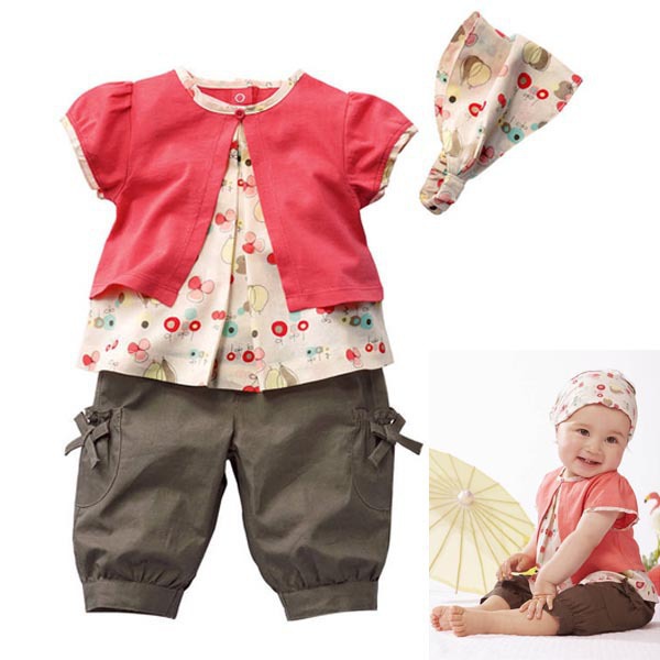 3 Pcs Baby Girls Fruits Pattern Top Pants Hat Set Outfits 0 3 Years Clothes