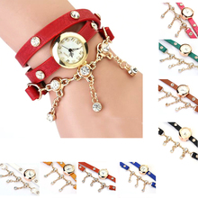 Mujeres de la muchacha tri-diamante artificial decoración del abrigo del cuero pulsera análogo del movimiento del cuarzo