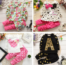 2014 New Spring Babi Girl Clothing Set Children Flower Bow Cute Suit 2PCS Kids Twinset Top