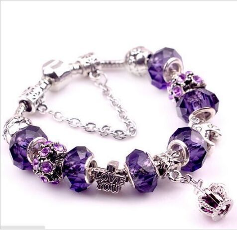 various style Fashion Jewelry Crown charm Bracelets & Bangles violet Glass European Beads fits bead bracelets for Women Gift
