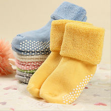 0 3 year old cotton baby socks Autumn and winter thick terry baby socks solid color