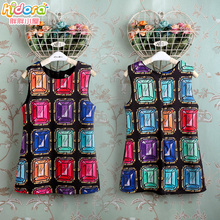 New Arrival 2016 fashion girls summer dress baby princess dress girl colorful gem print sleeveless sundress PP-Z91