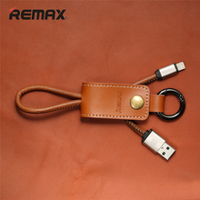 Remax Micro USB Cable Fast Charging Mobile Phone Cable Genuine Leather Lanyard Metal Keychain For iPhone