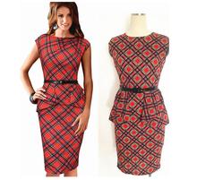 New Womens Vintage Elegant Belted Tartan Peplum Ruched Tunic Work Office Cap Sleeve Bodycon Sheath Dress Ladies Sleeveless Dress