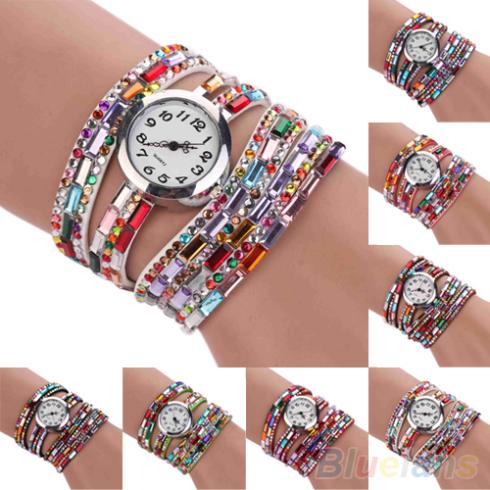 Woman Exotic Multi Layers Colorful Beads Crystals Quartz Bracelet Wrist Watch 28E7