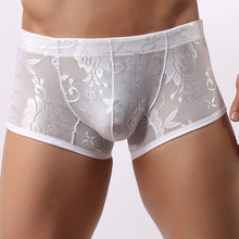 M-XL New Men Underwear Pants Transparent Lace Sexy Low Waist Breathable Boxer Briefs