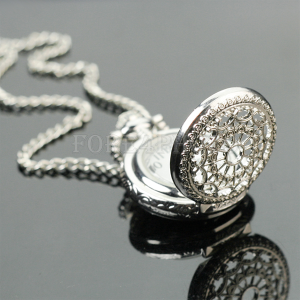 Antique Women Silver Tone Hollow Round Quartz Pocket Watch Necklace Chain New