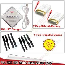 Free shipping!2pcs 3.7V 600mAh Battery+4in1 Charger+8pcs Propeller for JXD 509 509W 509G Drone