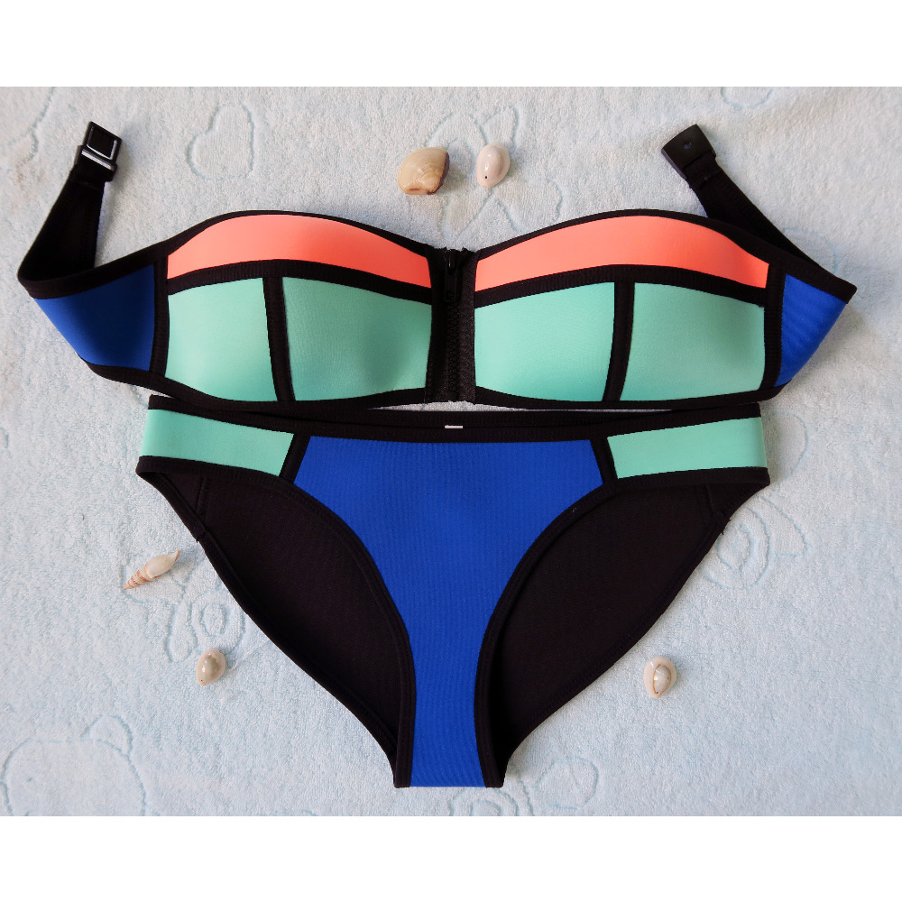 Summer 2016 Women Neoprene Bikini Sexy Swimwear Neoprene Bikini Set Hot Swimsuit Zipper Strapless Bath Suit Push UP - LB002