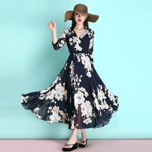 Vendy original new women in Europe and America 2016 spring and summer fashion print chiffon V-neck loose plus size maxi dress