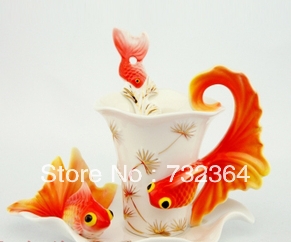1 cup with tea tray and tea spoon 3D gold fish wedding tea coffee cup set
