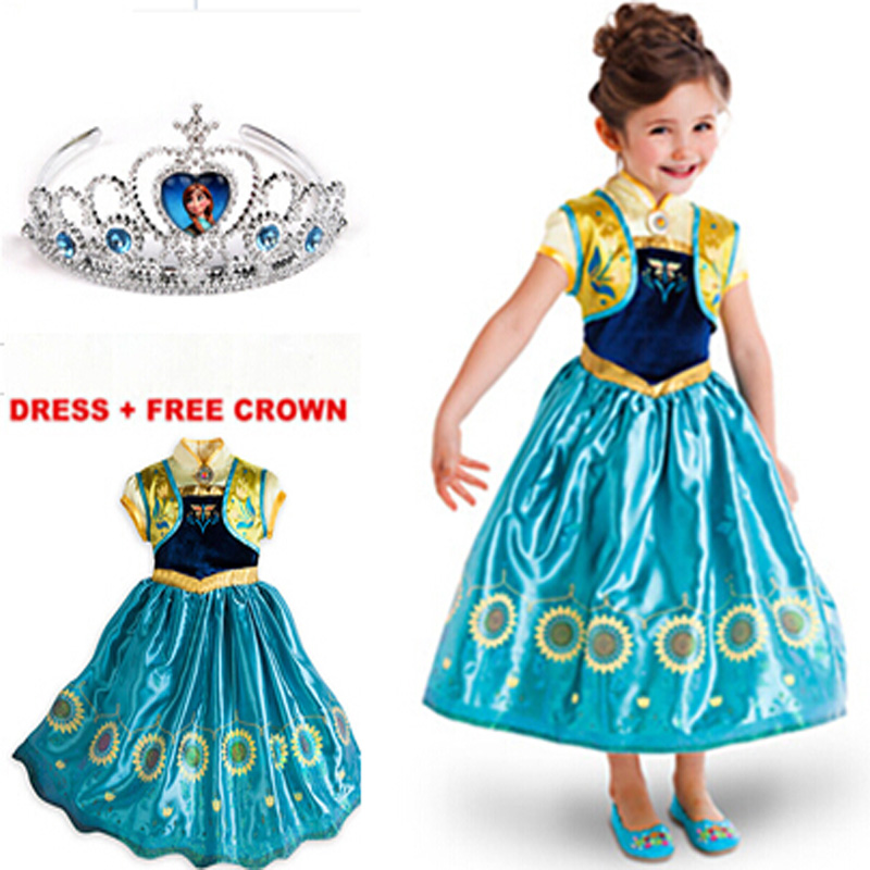 Dress+free crown,Anna& Elsa dress baby girl dress for summer style Cinderella Princess party dresses for girls kids clothes