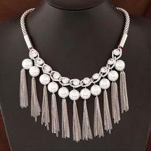 Simulated Pearl Link Chain Tassel Statement Necklace Women Rhinestone Necklaces Pendants Jewelry Collar For Gift Party