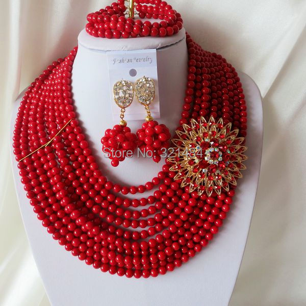 Fashion Nigerian Wedding African Beads Red Coral Beads Jewelry Set Necklace Bracelet Earrings CJS-324
