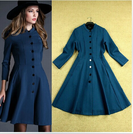 Free Shipping 2015 Winter Fashion Women Brief Solid Black/Blue Full Sleeve O-Neck Top Quality British Style Trench Coat