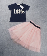 ING cute mom 2016 Suit T shirt tutu skirt 2pcs set black letters little pink suit