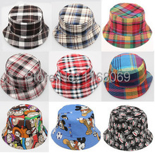Free shipping 5pcs/lot 2016 new child bucket hat Spring autumn kids flower print bonnet girls boys sun beach plaid canvas sunhat