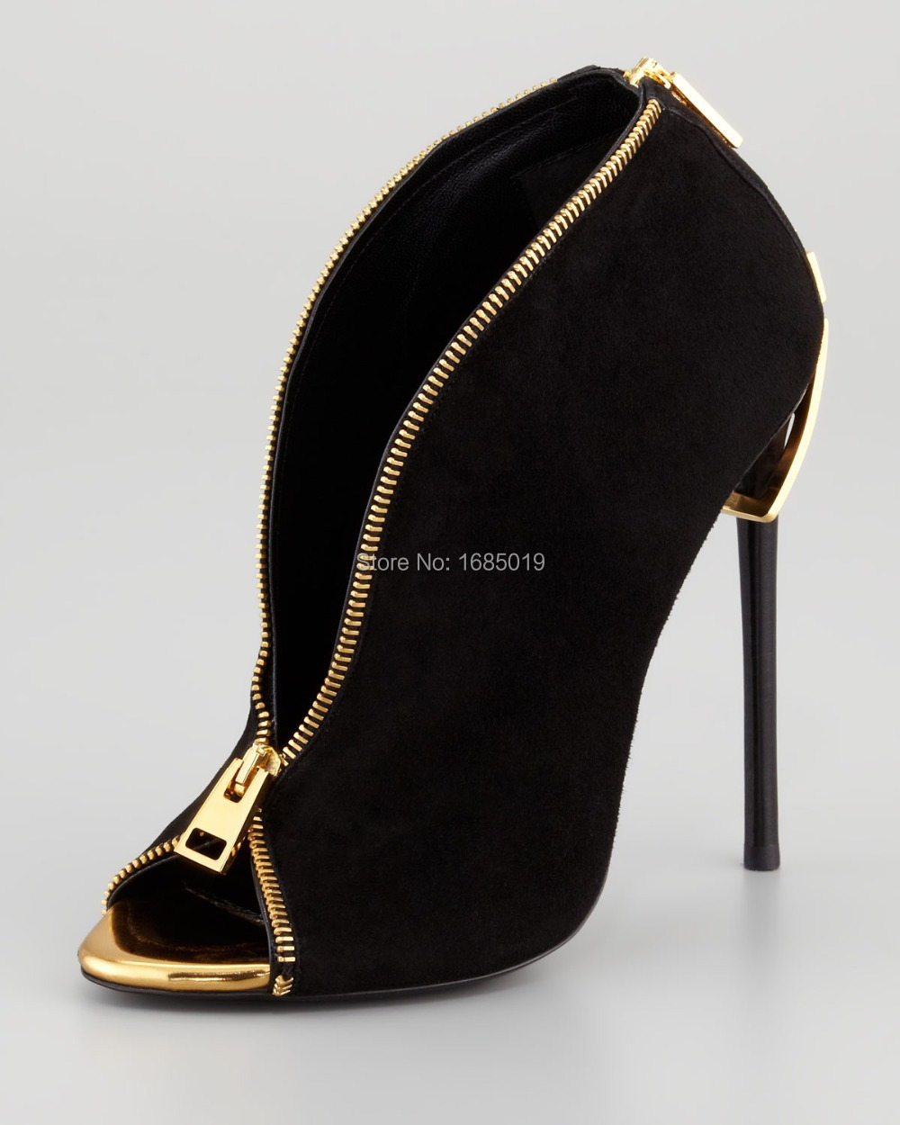 2015  Brand Design Black Peep-toe Zipper-Heel Suede Zip-Front Bootie Women  Stiletto Heel  J226