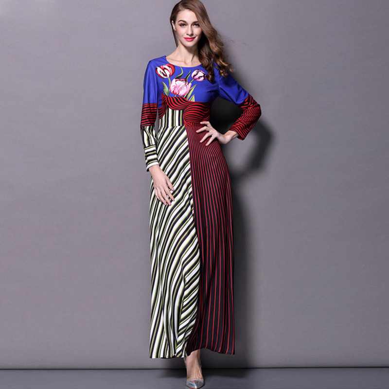 Women Casual Dress 2015 New Autumn Runway Slim Full Sleeve Empire Printing Flower Floor-Length Striped Dress